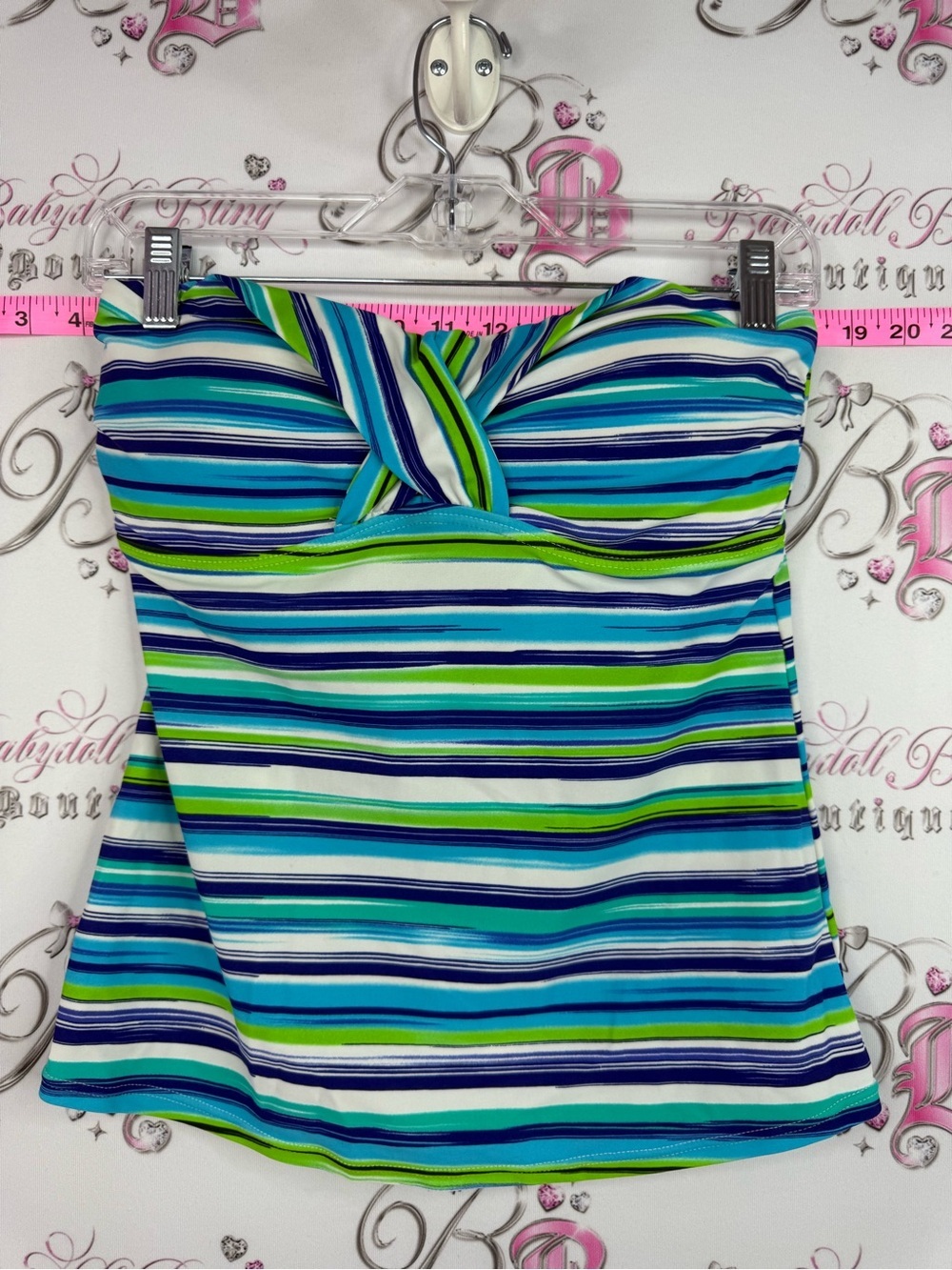 Point Zero Blue Green Striped Twist-Front Tankini Top